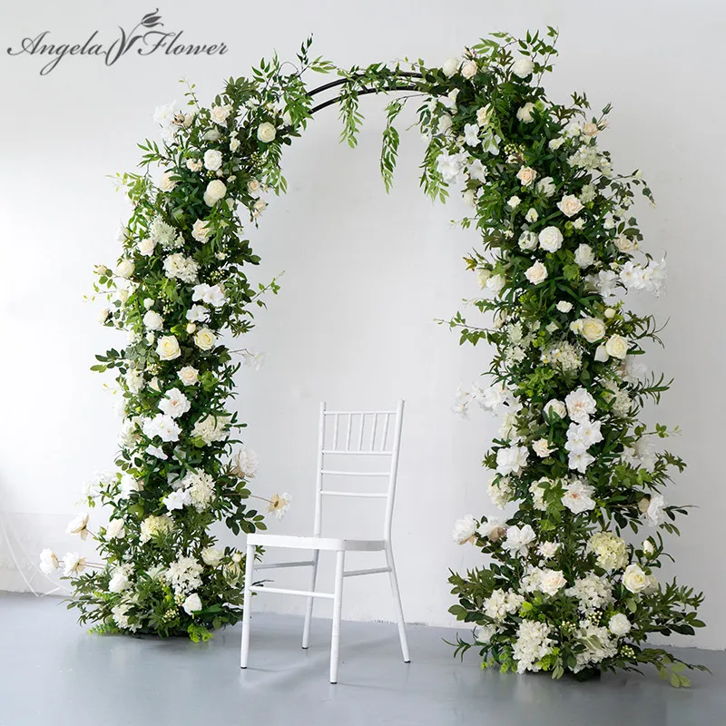 Luxury Pastoral Style Outdoor Wedding Arch Floral Set Green Plant White Rose Artificial Flower Arrangement +Shelf Flower Stand