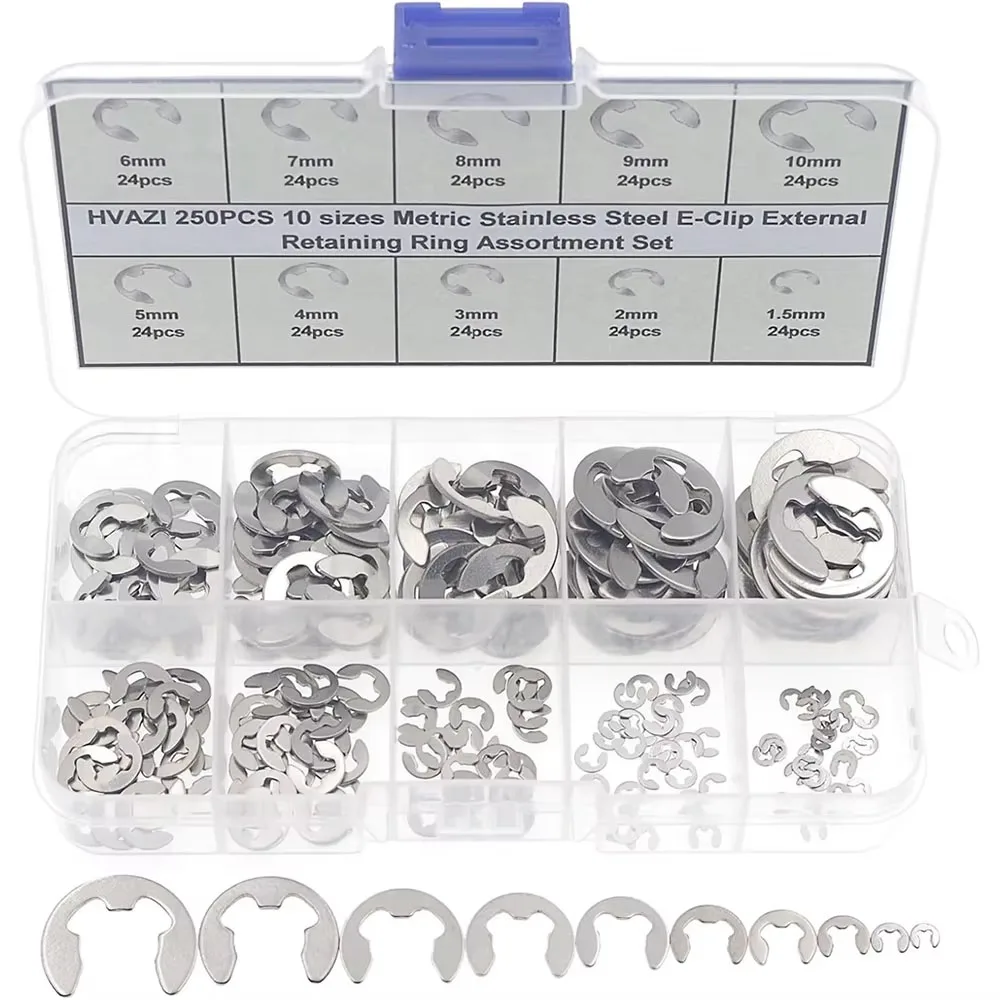 240pcs E-Clip External Retaining Rings Snap Ring Assortment Set 304 Stainless Steel E Type Clips C-Clip 1.5/2/3/4/5/6/7/8/9/10mm