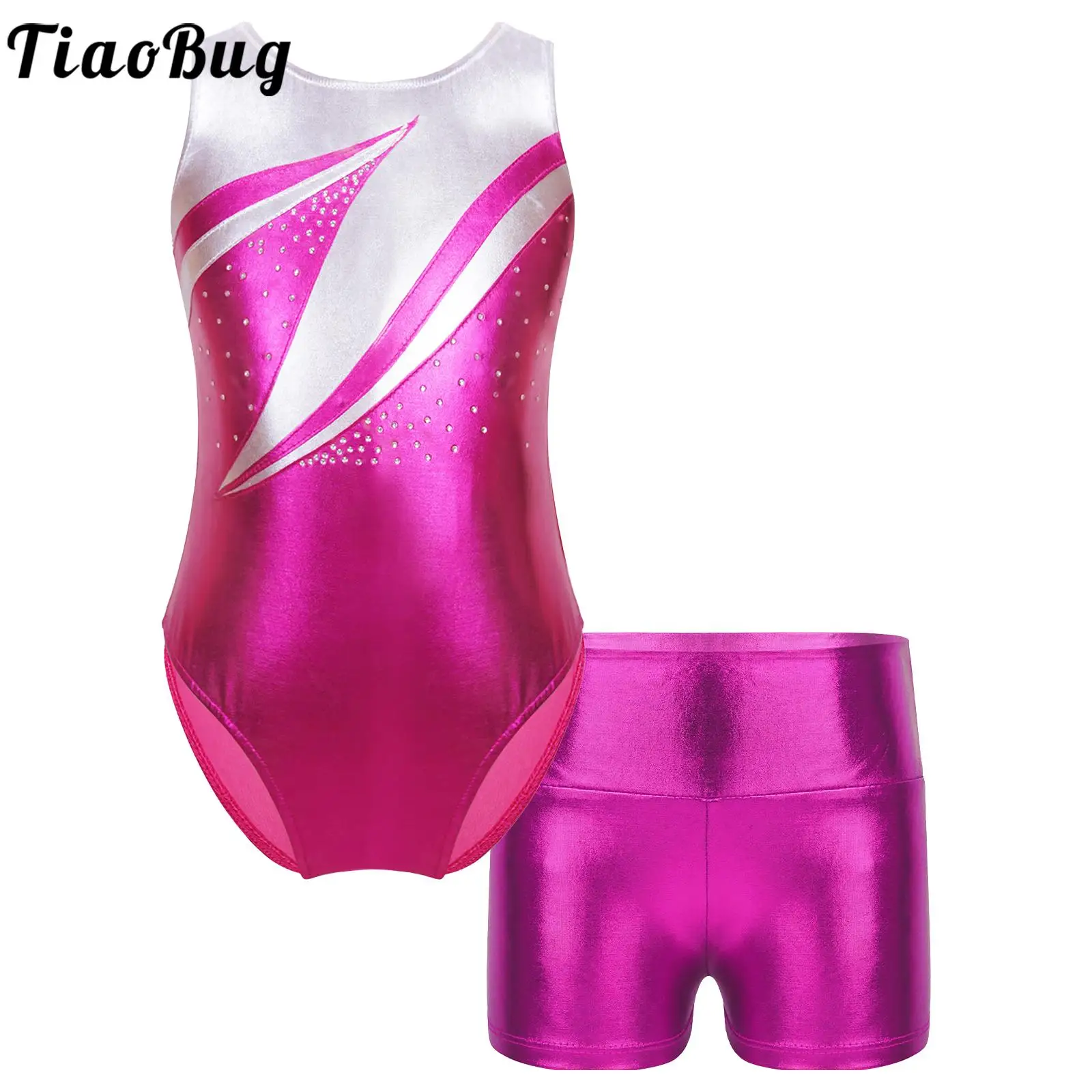 

Kid Girls Dance Sports Gymnastic Workout Outfits Metallic Sleeveless Round Neckline Patchwork Leotard with High Waist Shorts Set