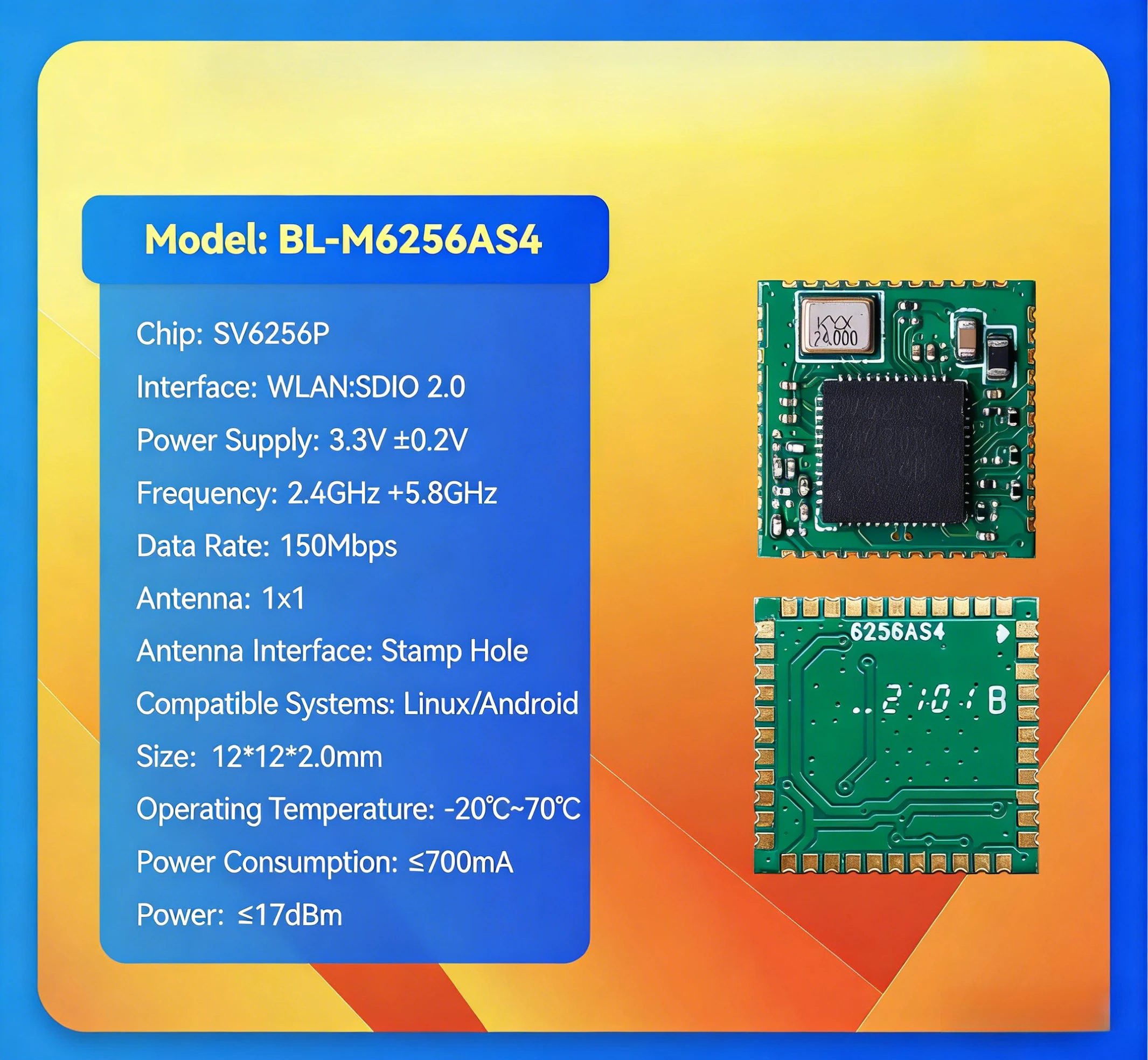 M6256AS4 WiFi Module with SV6256P Chip SDIO Interface Dual Band 2.4G 5G 150Mbps For Drone OTT Set Top Box Smart Home