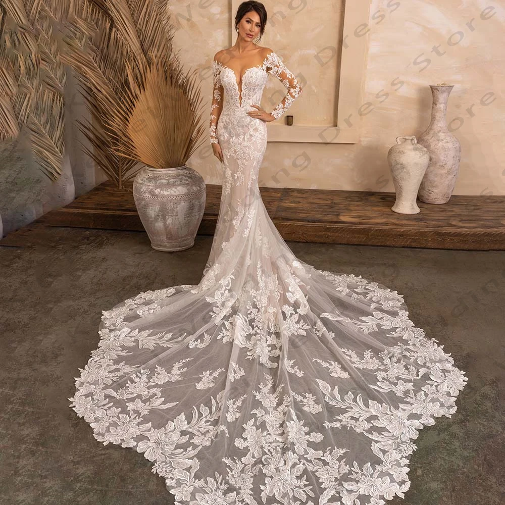 

2025 Gorgeous Women's Mermaid Wedding Dresses Elegant Round Neck Long Sleeve Princess Bridal Gowns vestidos de fiesta Customized