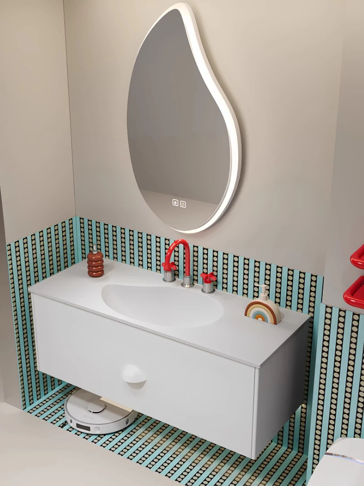 

Integrated Mango Basin Dopamine Cream Wind Rubber Wood Beauty Shelf Bathroom Cabinet