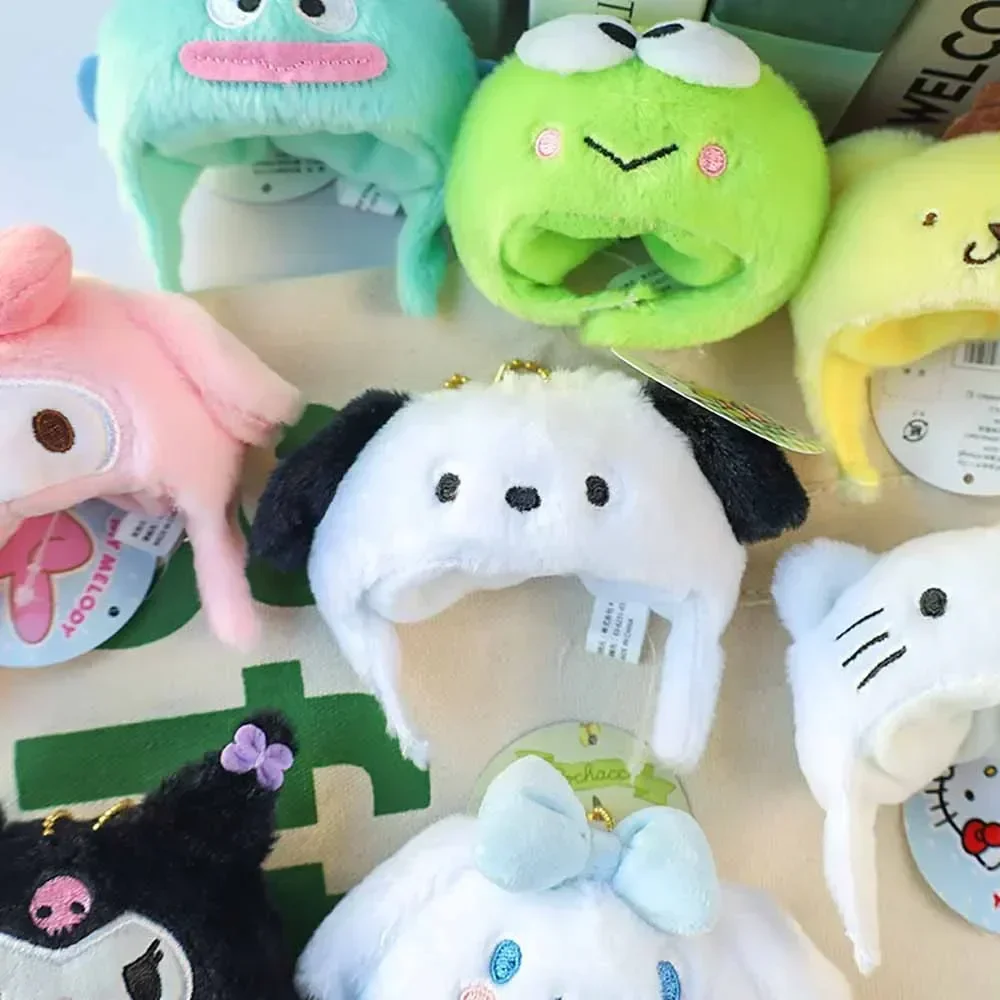 Sanrio dos desenhos animados capa de cabeça de pelúcia pingente kuromi melodia kitty purin cinnamoroll chaveiros de pelúcia mochila ornamentos crianças presente da menina