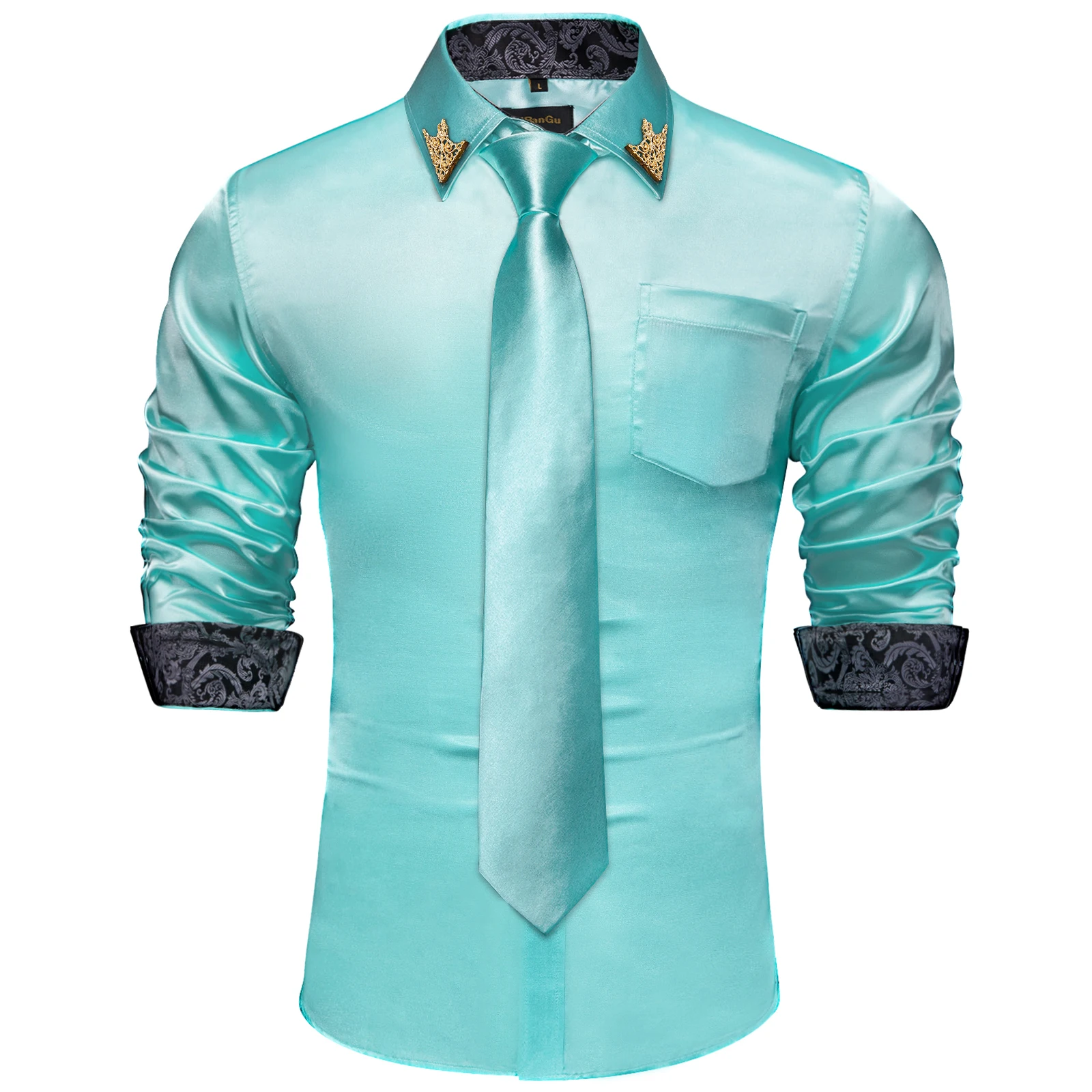 Cyan Blue Men Shirt Hanky Tie Wedding Suit Party Shirts For Men Spring Automn Formal Long Sleeve Fashion Male Wears Holiday Gift