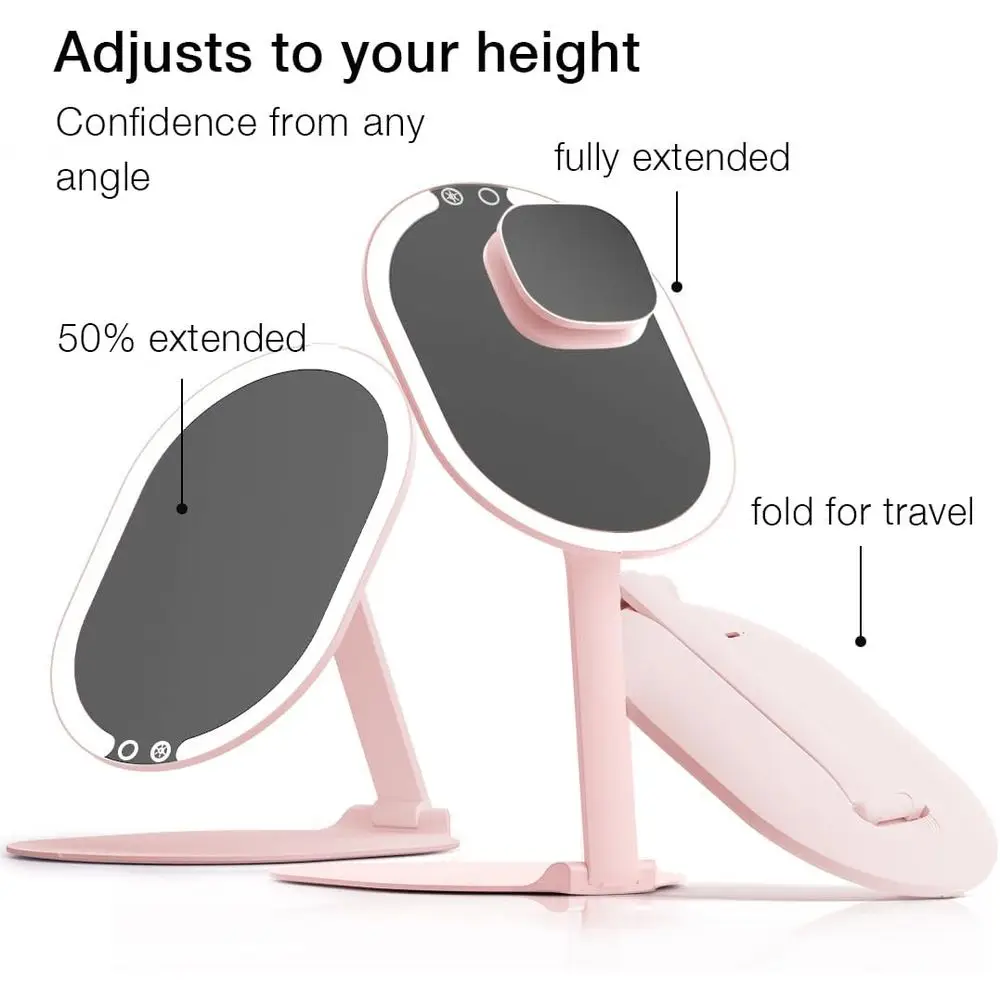 Portable LED Makeup Mirror with 3 Lighting Modes, 10x Magnifier, Foldable Vanity Mirror, 1500mAh Battery, Pink