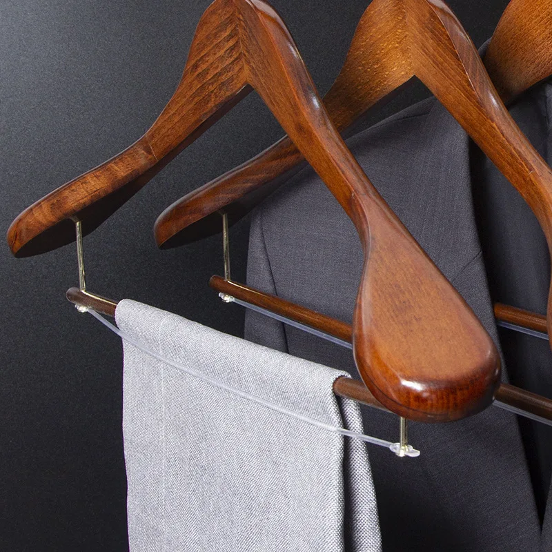 Multifunctional Coat Hanger Wooden Retro Wide Shoulder Flocking Rod Clothes Drying Support Bedroom Closet Wardrobes Organizer