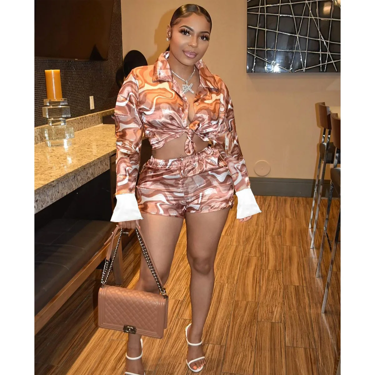 

Ripple Print Two Piece Set Women New Summer Autumn Long Sleeve Shirt Lace Up Crop Top + Shorts Club Outfits Tracksuit Women
