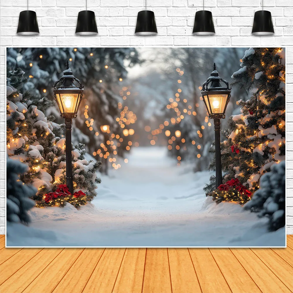 Mocsicka Winter Street Backdrop for Photography Christmas Tree Snowfield Snow Tree Lamp Xmas Outdoor Kids Photo Background Props