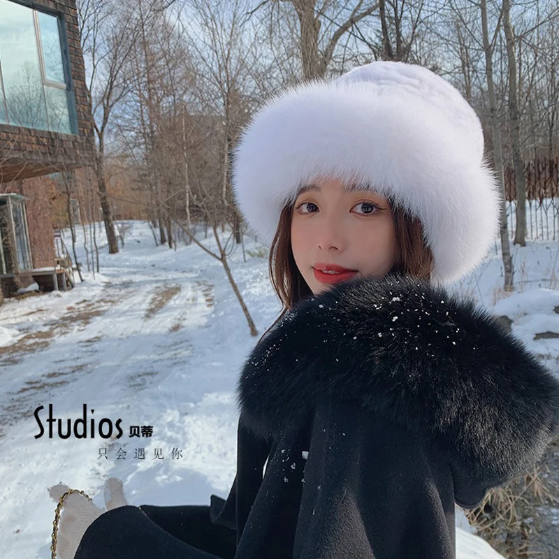 New Style Female Fashion Knitted Fluffy Real Rex Rabbit Fur Hat Women Outdoor Winter Warm Natural Fox Fur Hats Lady Knit Fur Cap