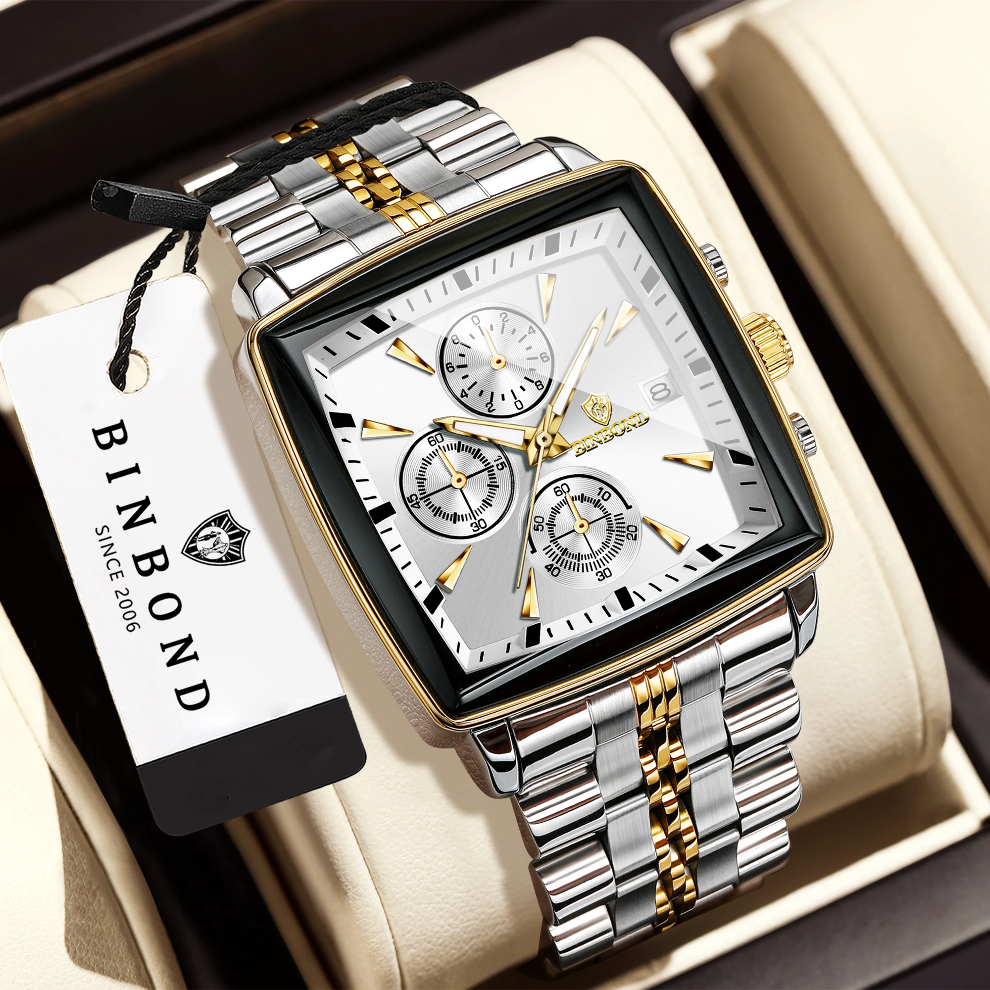 BINBOND Chronograph Orginal Square Precise Quartz Watches For Men Luxury Luminous Waterproof Auto Date Men's Watch Durable Reloj