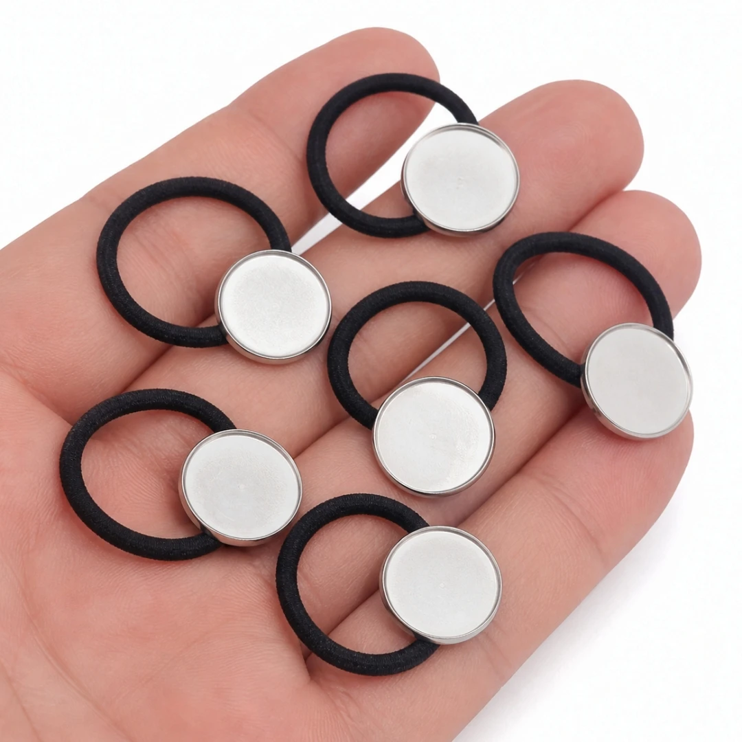 5pcs Hair Ties Stainless Steel Blank Round Base Tray Setttings Hair Rope For DIY Non-Damage Ponytail Cuffs Holders Thick Hair view 3
