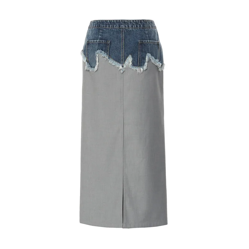 HKSH Women Chic Skirt Asymmetric Distressed Denim Patchwork Color Block Versatile Casual Straight Skirts New Spring 2026 HK19442