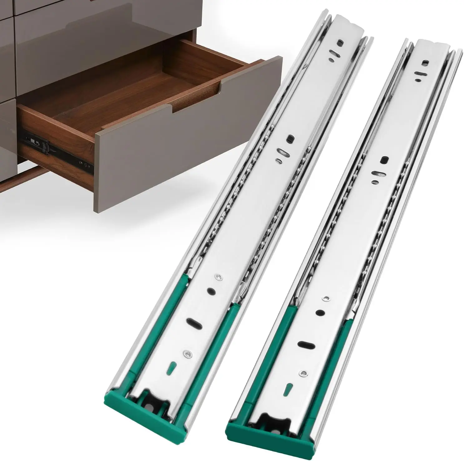 22 Inch Soft Close Side Mount Drawer Slides Full Extension 3-Section Ball Bearing Cabinet Rails 100LB Load Cold Rolled Steel Quick Release Easy Installation, 15 Pairs