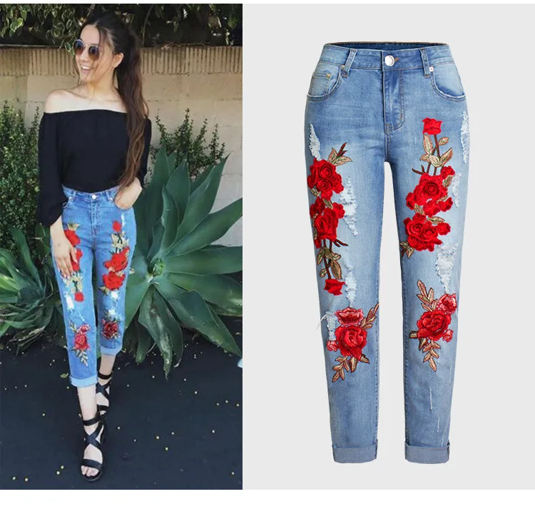 جينز نسائي واسع الساق قابل للتمدد - تطريز زهور ثلاثي الأبعاد، تفاصيل ممزقة، سروال دينم عالي الخصر بطول كامل