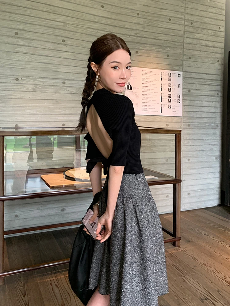 

SMOL Morning Fog Hollow out Back Belted Knitwear Women's Slim Fit mid Sleeve Top Fashionable Versatile Autumn Clothing