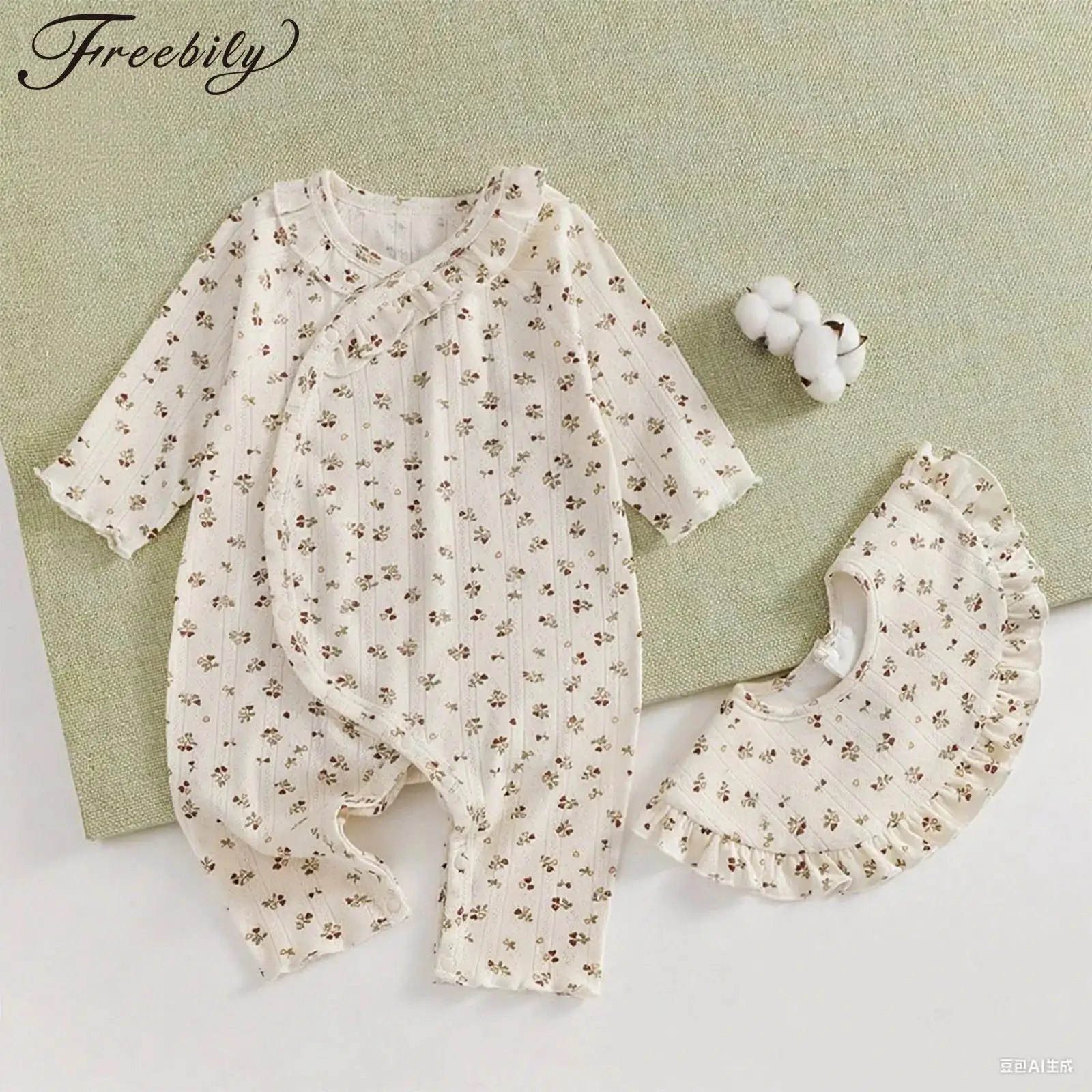 الوليد الطفل بنات القطن رومبير طويلة الأكمام الكشكشة الأزهار المطبوعة بذلة مع مريلة مكشكشة الرضع القادمة المنزل الزي Homewear #1