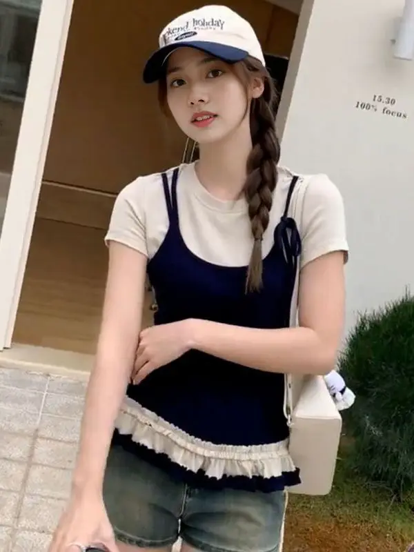 Sweet Color Block Short Sleeve T-Shirt Women's Summer Shoulder Bore Hole Splice Young Looking Top Korean Style Slim Fit round...