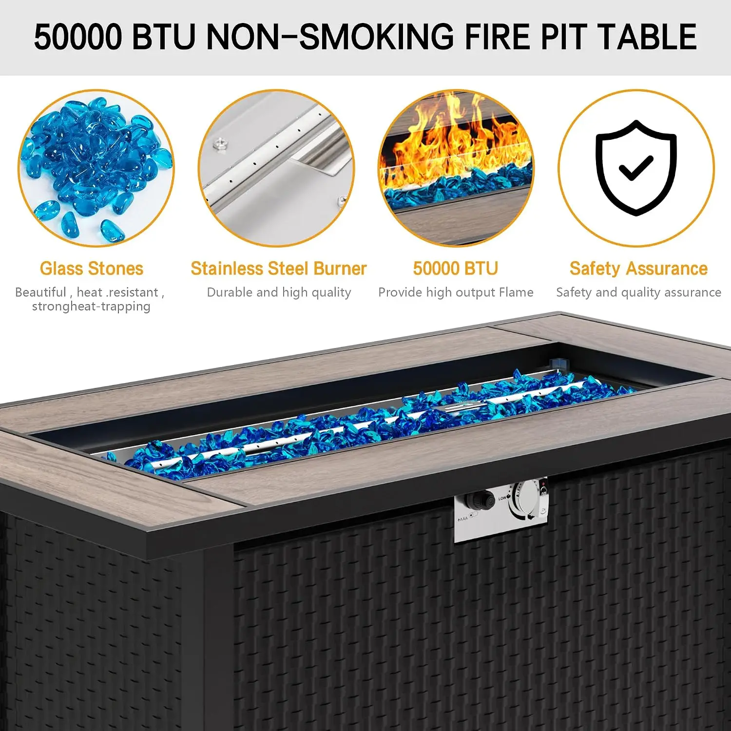 45in Propane Fire Pit Table with Glass Wind Guard & Rain Cover, 50000 BTU Firepit for Patio Yard Balcony, Walnut, Customized