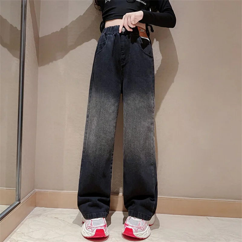 Girls' spring and Autumn jeans 2024 new Korean version of children with gradient color wide-leg pants 6-15 years old