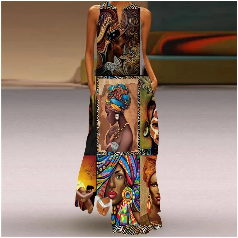 Nuevo vestido largo retro elegante para mujer sin mangas con cuello en V estampado facial 3D suelto casual fiesta estilo bohemio vestido de verano para mujer