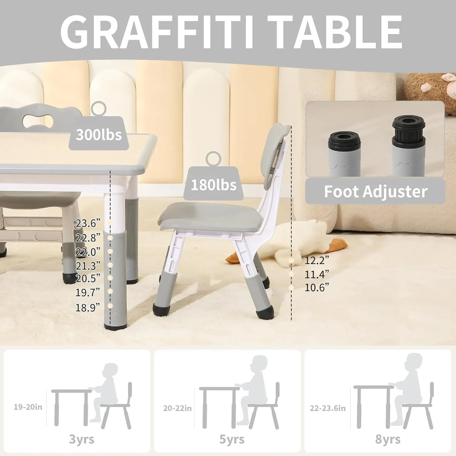 Conjunto de mesa infantil e 4 cadeiras, conjunto de mesa e cadeiras para crianças com altura ajustável com capas de borracha para pés, desktop graffiti para crianças