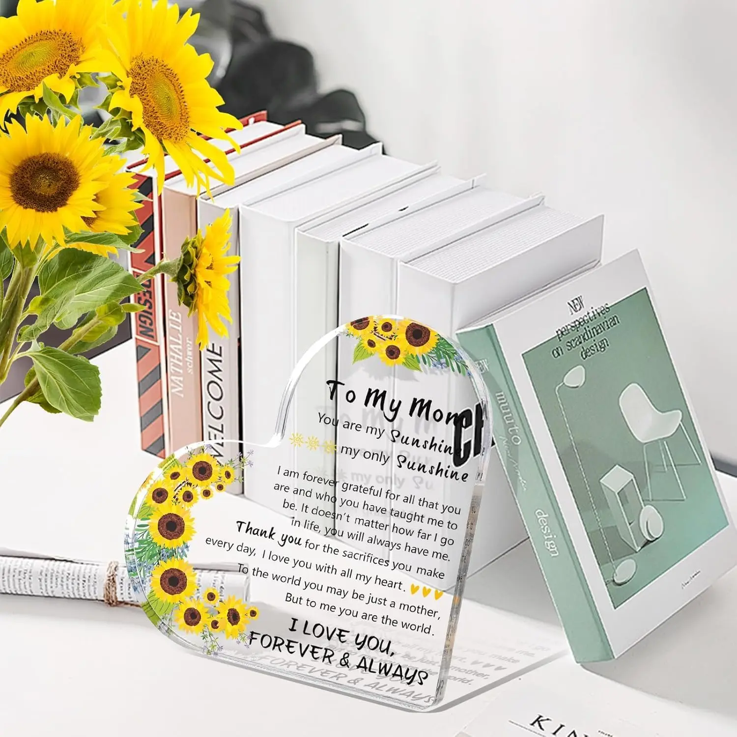Sunflower Floral Heart‑Shaped Acrylic Sign, Sentimental Loving Message Desktop Ornament for Mother