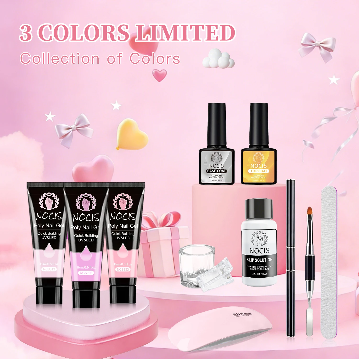 Nude Pink Poly Builder Nail Gel Kit Complete UV Lamp Base Top Coat Slip Solution All In One Manicure Set For Home Salon Nail Art