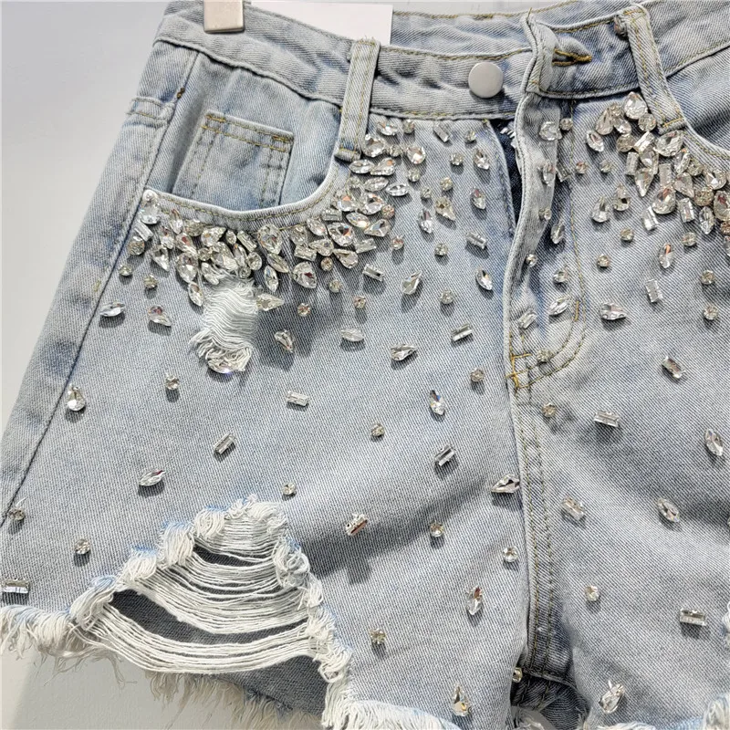 Imagem -05 - Shorts Jeans de Diamante Rasgado Feminino Cintura Alta Bainha Fina Pernas Largas Calça Quente Moda de Rua Verão Novo 2024