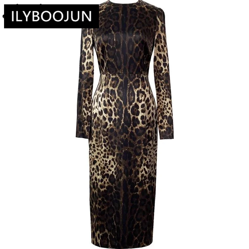 

ILYBOOJUN Fashion Designer Early Autumn Silk Pencil Dress Women O-Neck Long Sleeve Leopard Print Vintage Party Slim Dresses