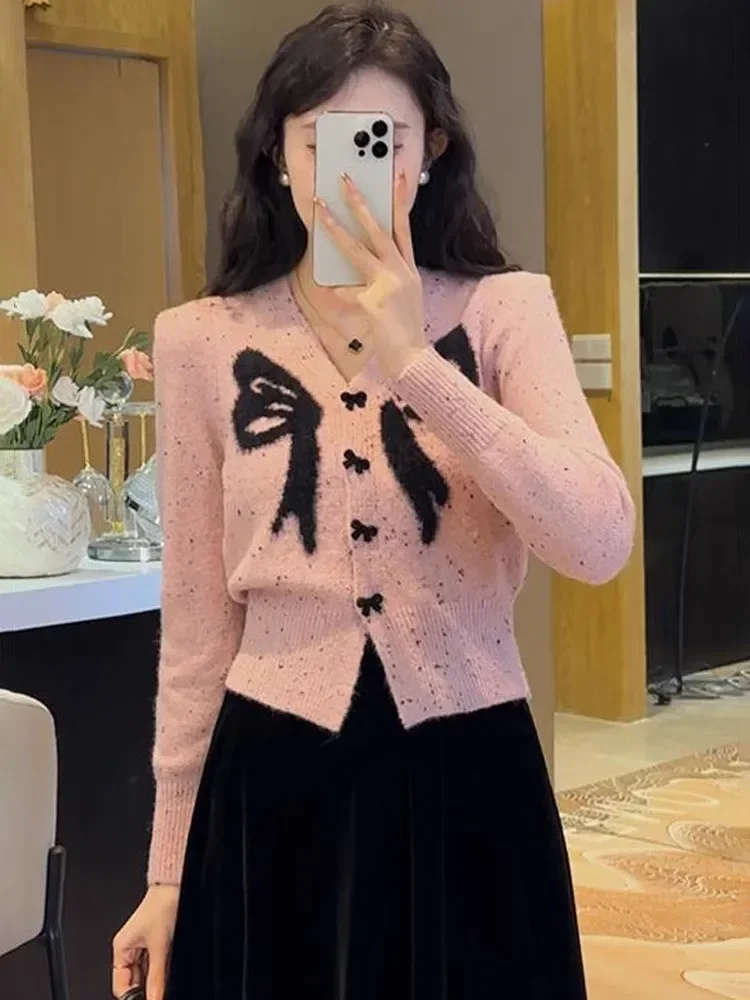 Black Red Pink Sweet Bow Knitted Cardigan Women New Fall Fashion V-neck Short Sweater Knitwear Long Sleeve Bottoming Top Coat