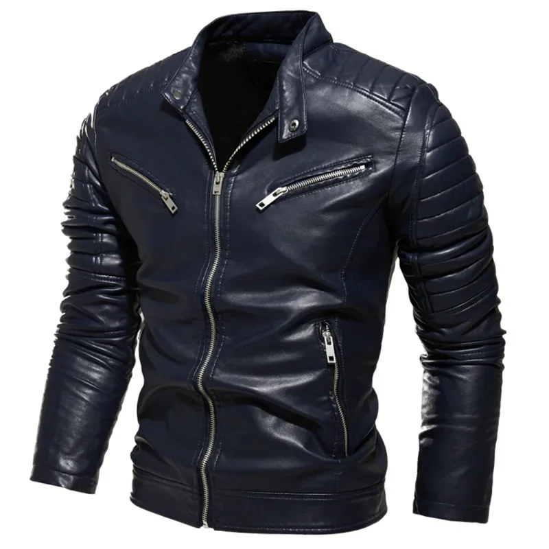 Men  Warm Motorcycle Jacket Slim Street Fashion BLack Biker Coat Pleated Design Zipper Winter Black Leather Jacket