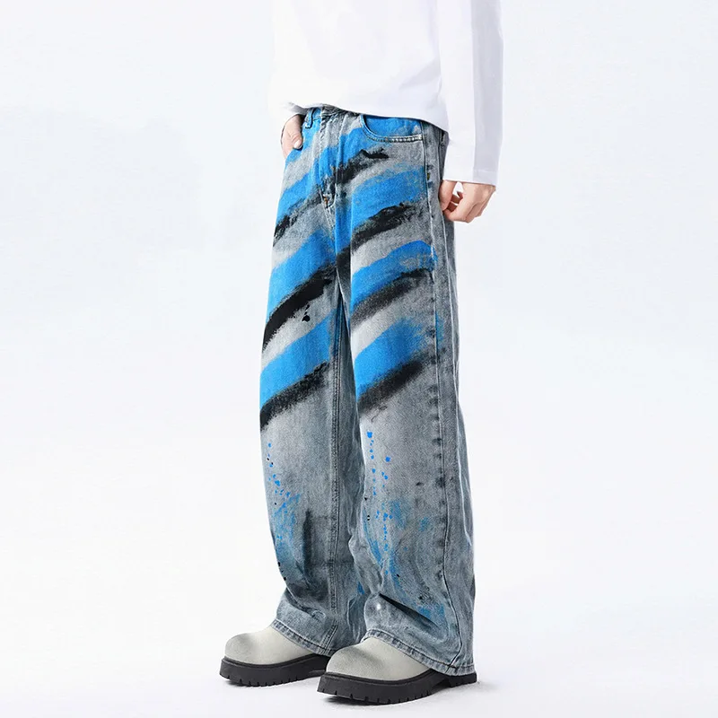 【Mirrordust】Jeans de inyección de tinta irregulares pintados a mano de estilo americano, pantalones largos rectos degradados lavados drapeados sueltos de calle alta para