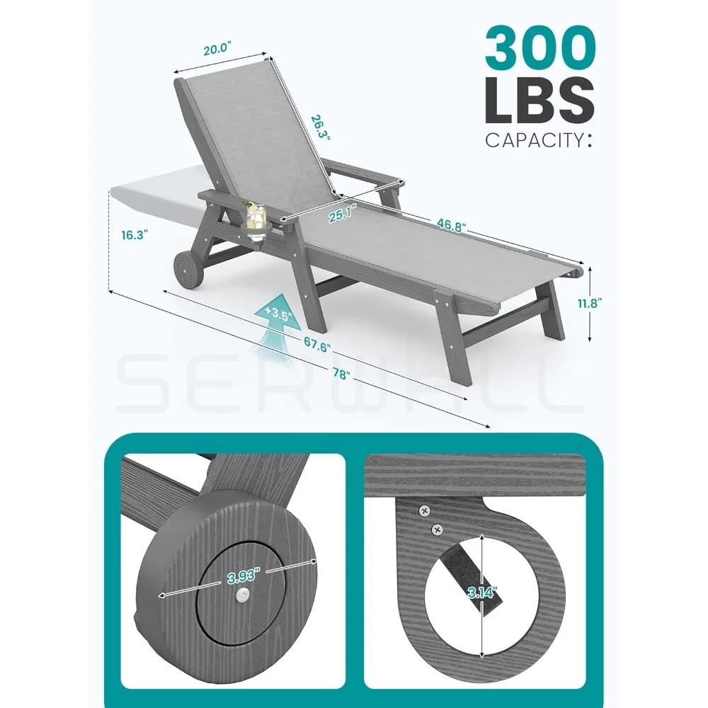 Patio Chaise Lounge Chair Set of 2, 5 Positions Outdoor Lounger for Pool, Textilene Lounge Chair with Rolling Wheels for Poolsi