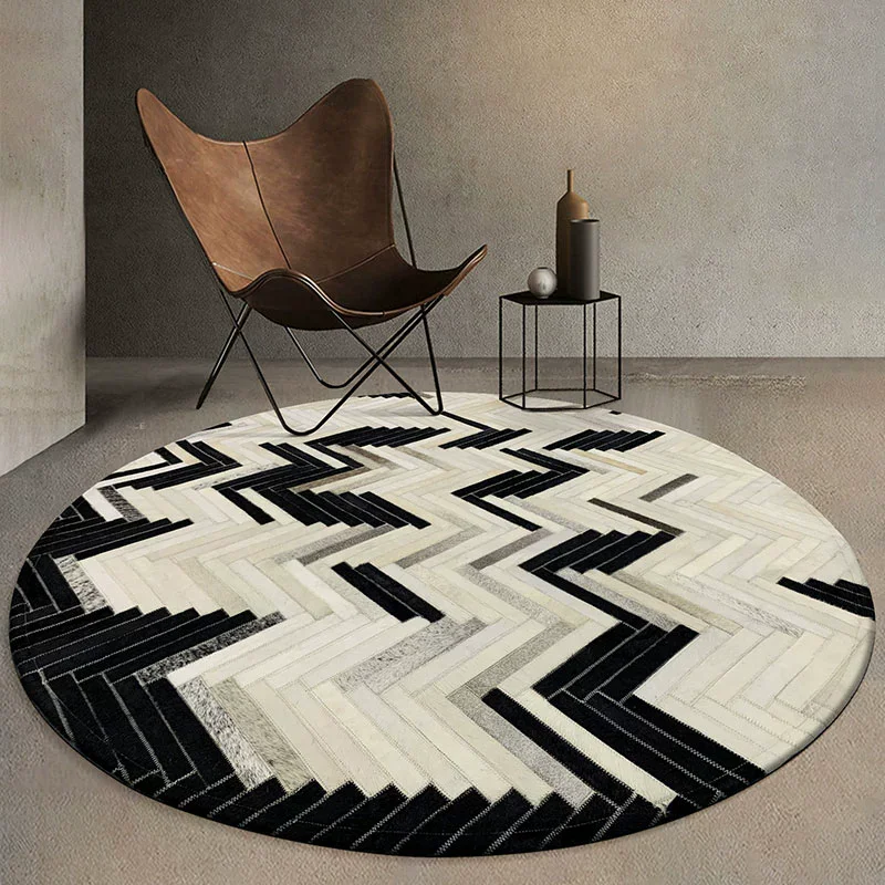 Black White Geometric Round Piano Carpet Handmade Cowhide Living Room Rug Nordic Sofa Coffee Table Floor Mat Cloakroom Area Rug