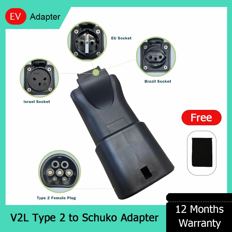 Electric Vehicle Charger Adapter Plug V2L For MG BYD Kia XPeng Discharge Type 2 Schuko To EU Socket Israel Brazil Connector