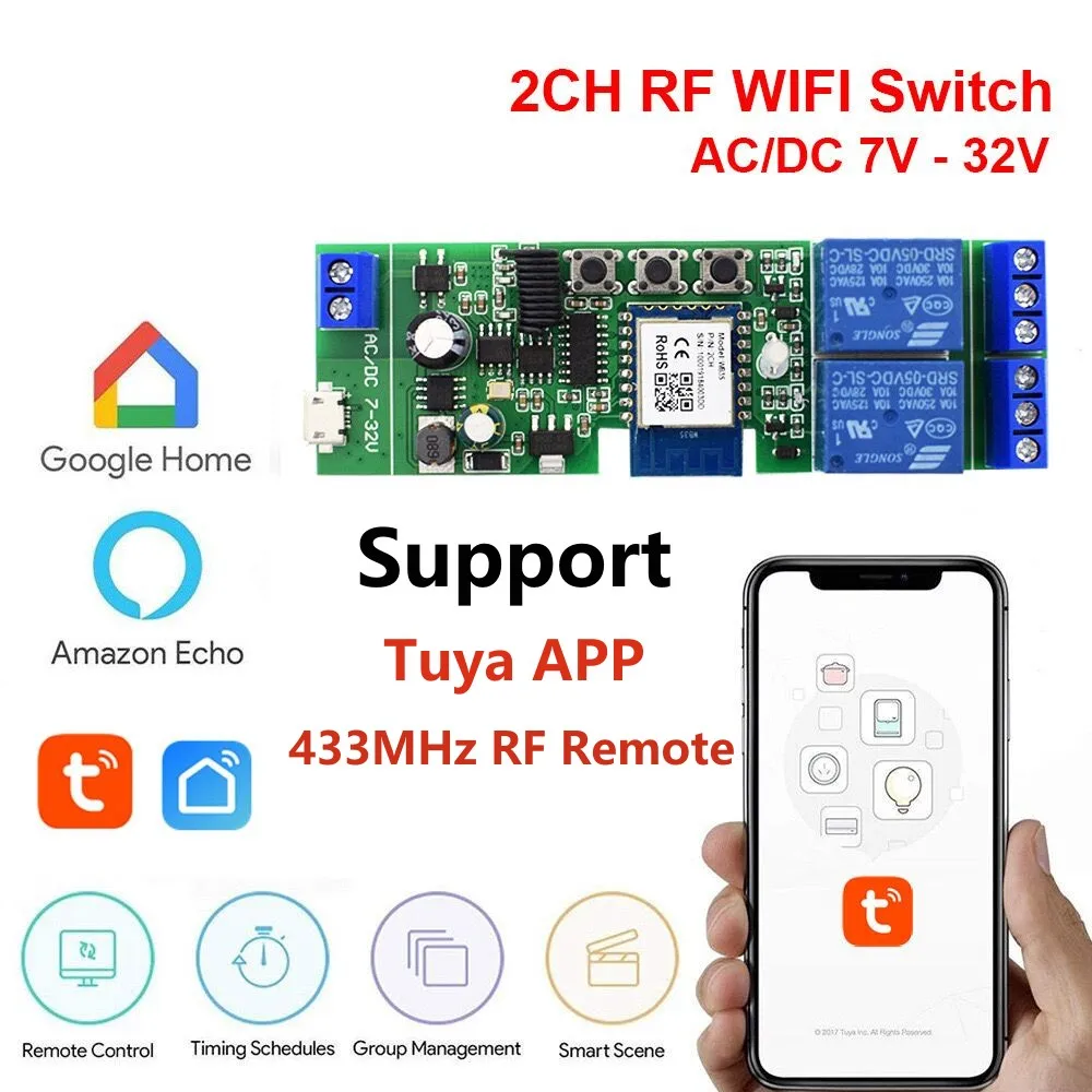 Wifi Smart Switch 12V 24V 7-32V 2CH Relay Module RF 433 Remote Control Work With Alexa Google Home Tuya SmartLife