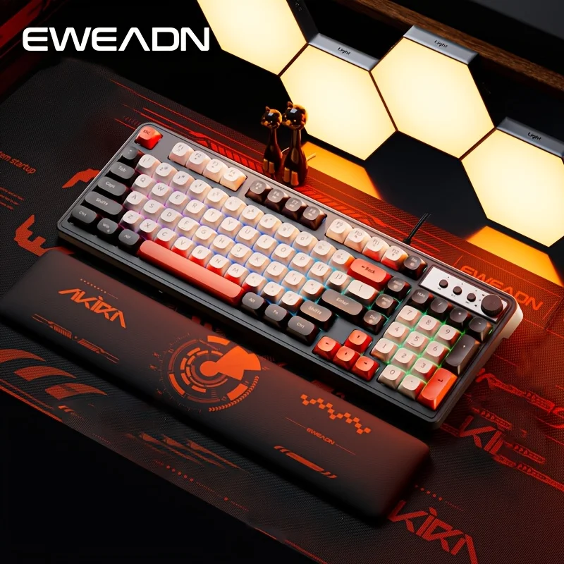 EWEADN G98 Portable Wired Gaming Keyboard Rainbow Backlit Ergonomic Design 98 KeysMultimedia KnobBall Keycaps for Gamers