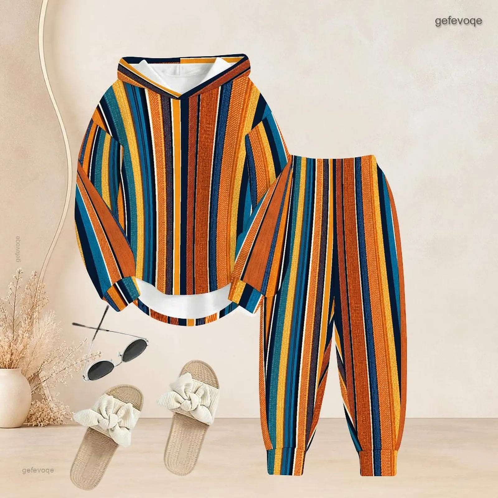 Women Printed Pants Set Long Sleeve Hooded Top Cuffed Pants Two Piece