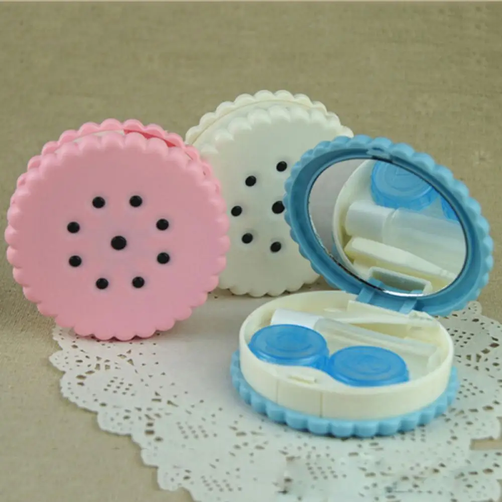 Cute Cookie Shaped Contact Lens Case with Mirror Portable Travel Container Kit Mini Storage Box with Tweezers Bottle Stick