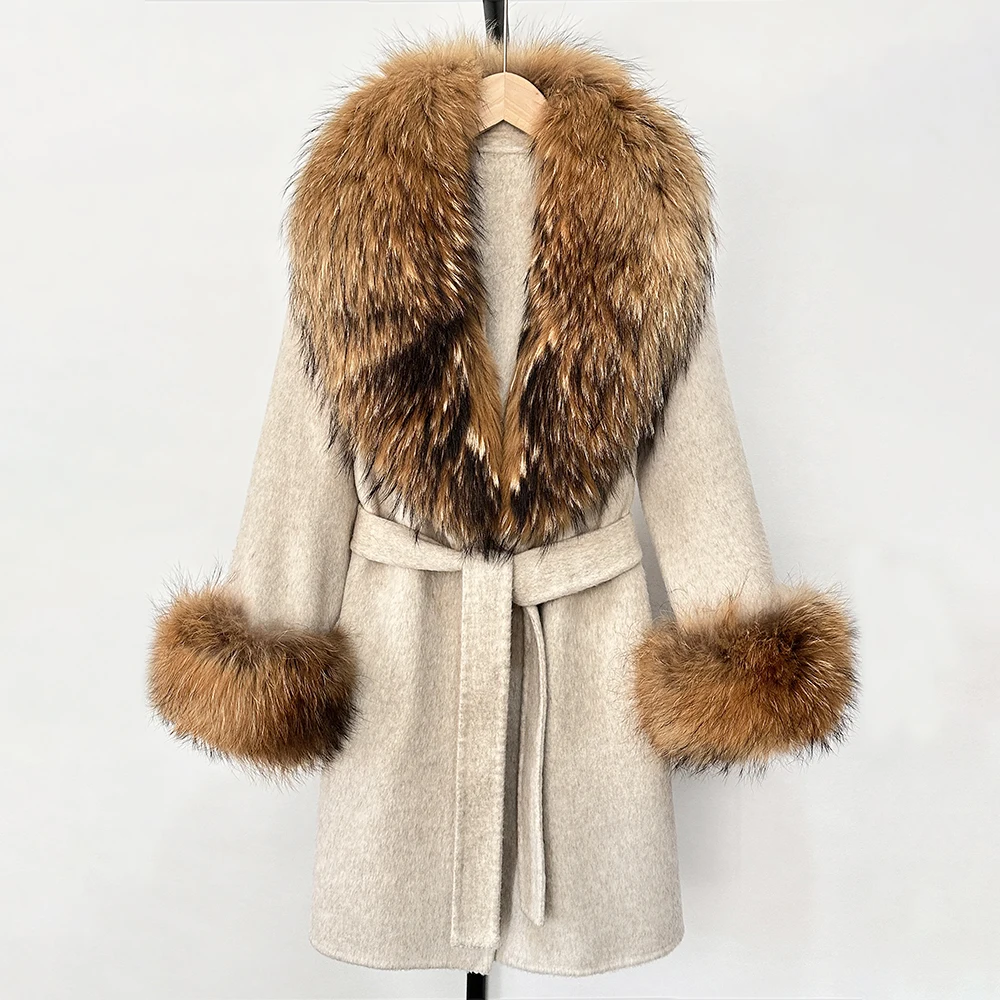 

Woolen Jacket Autumn Winter Wool Coat Women Real Fox Fur Collar Single Breasted Wool Blends Jacket Natural Raccoon Fur Overwear