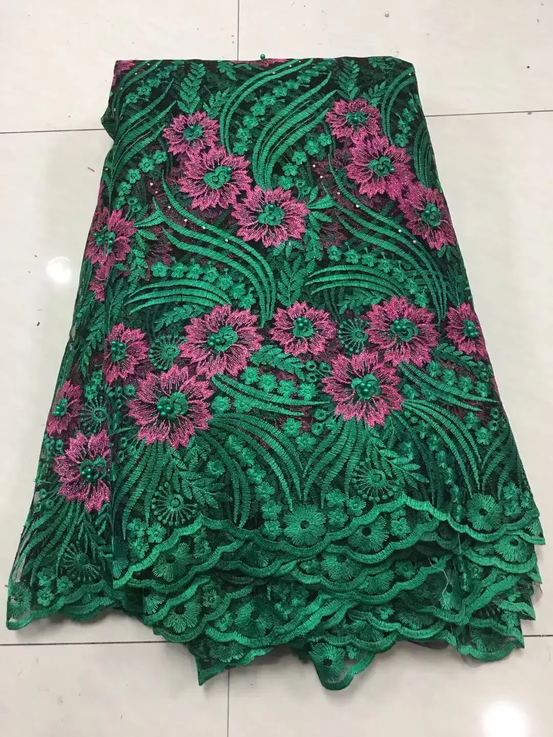 

2021 Latest Green Tulle Lace Fabric High Quality African Lace Fabric with Beads Lace Material for Bridal Lace Ribbon ZJ168