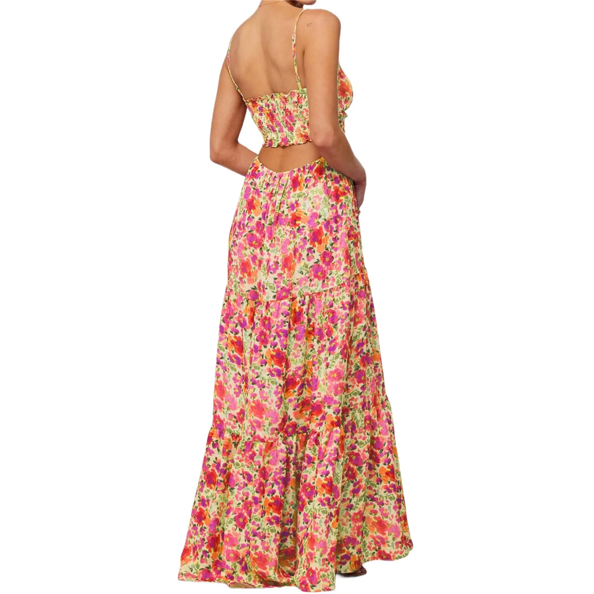 Summer Floral Sundress For Women Spaghetti Straps Hollow Out Tie Front Maxi Dress Flowy Smocked Bohemia- Dress