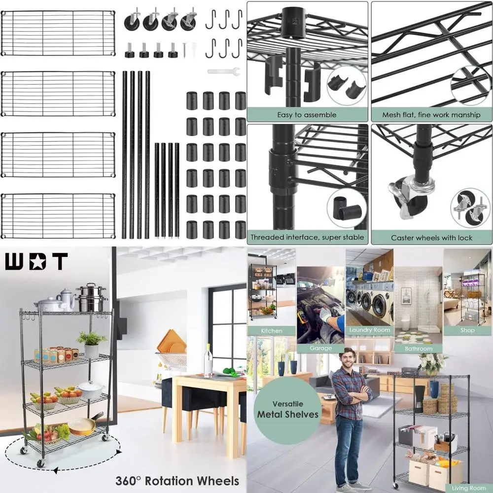 Verstelbare, robuuste metalen rek met wielen, 36W x 14D x 57H voor thuis-, kantoor-, garage- en keukenorganisatie