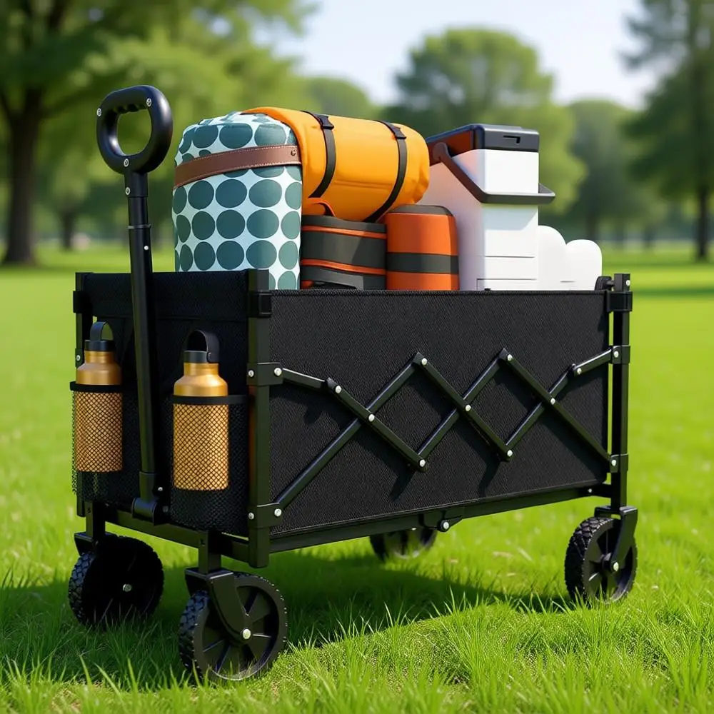 

Складная тележка-вагон — сверхпрочная универсальная тележка, вместимость 65 л, нагрузка до 172 кг, колеса для любой местности, компактная для кемпинга и сада