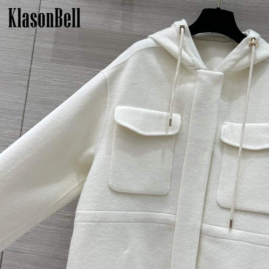 10.12 KlasonBell Women Clothes Vintage Fashion Hooded Drawstring Collect Waist Design Pocket Double-Sided Wool Coat