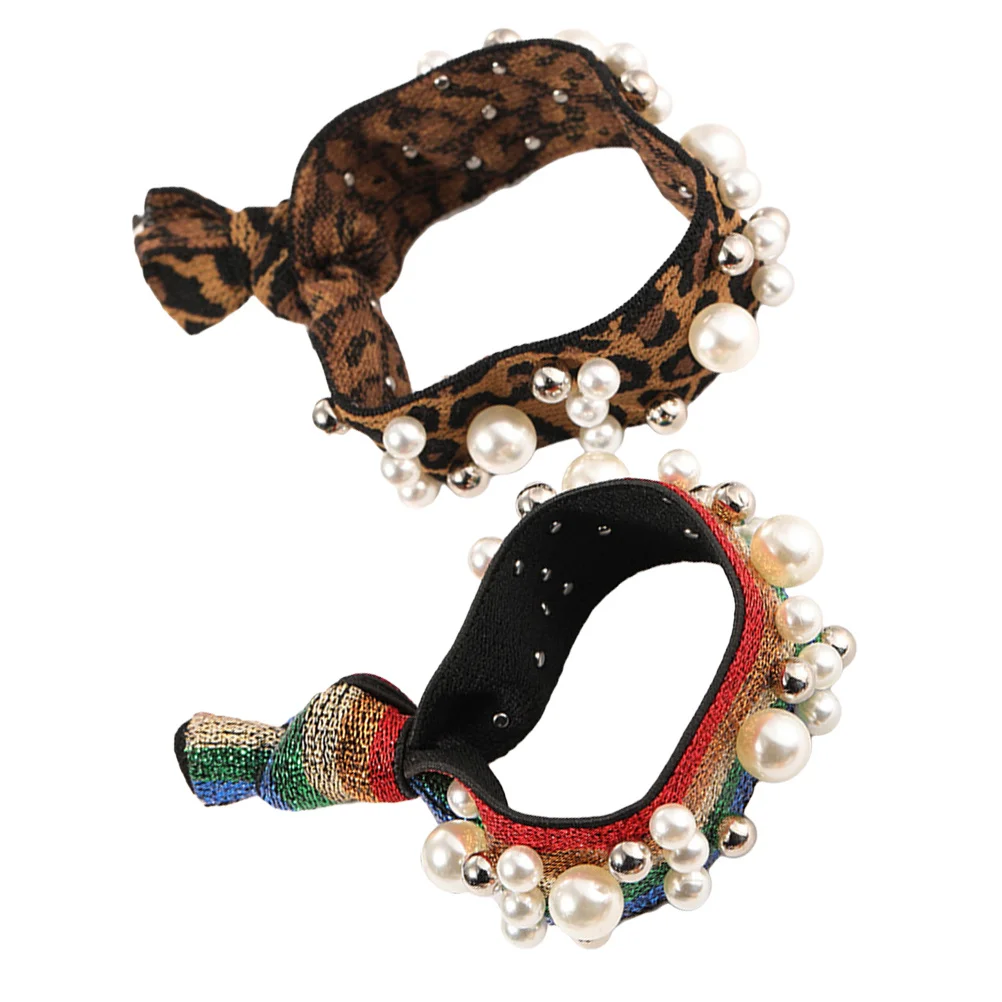 

2Pcs Pearl Embellished Hair Ties Leopard Print Rainbow Hairbands for Women Elegant Hair Rope Holders for Any Occasion Accessory