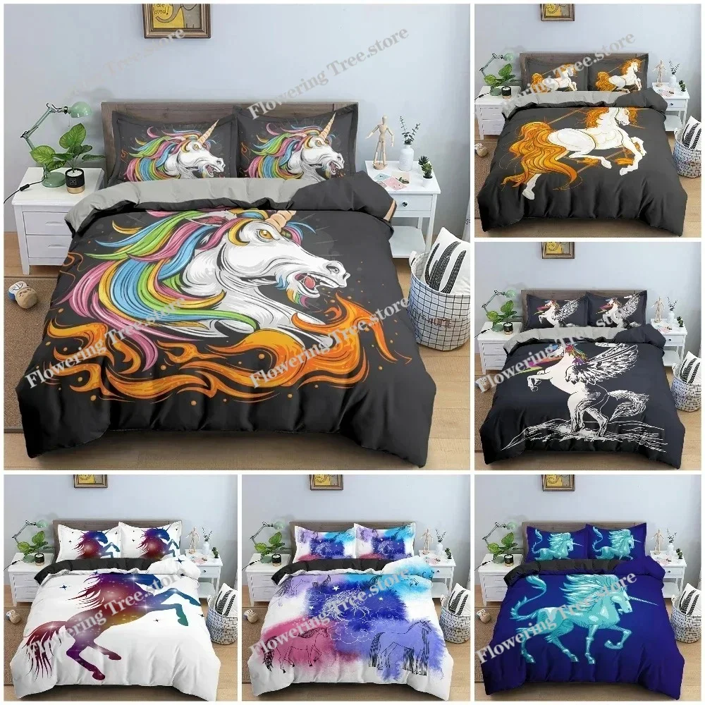 

Cartoon Animal Unicorn Bedding Set Bedclothes Kid's Bedroom Duvet Cover Set Pillowcase King Queen Twin Size Home Texture