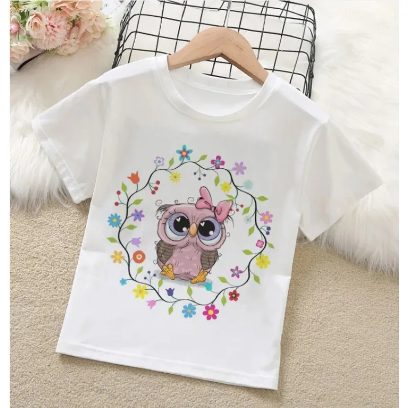 Coruja Cartoon Print T-shirt para crianças, Top manga curta para bebê, Desgaste de seção fina para crianças, roupas novas de verão