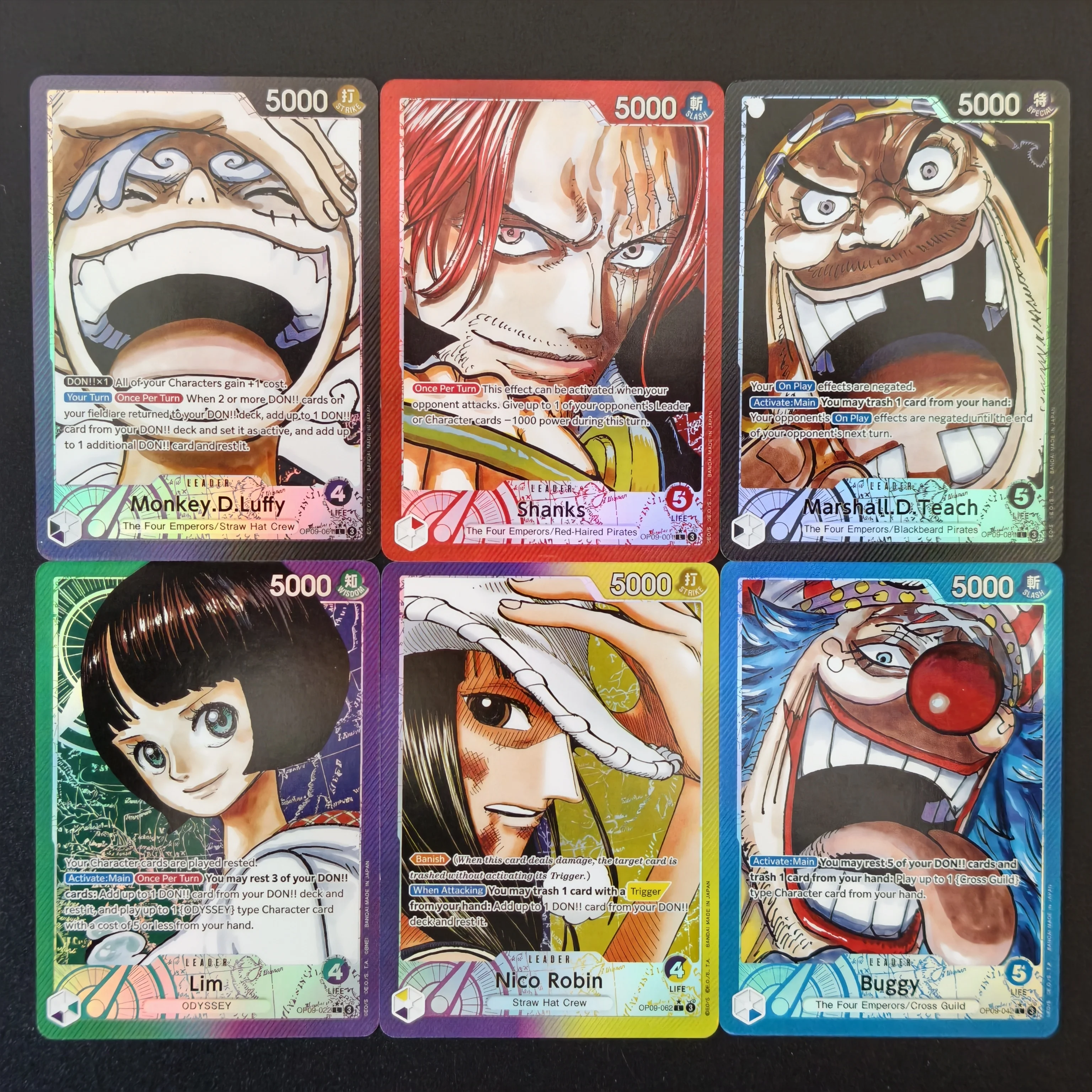 DIY Hot ONE PIECE OP09 Collectible Cards OPCG Luffy Shanks Blackbeard Lim Nico Robin Buggy English Anime Holo Foil Flash Cards
