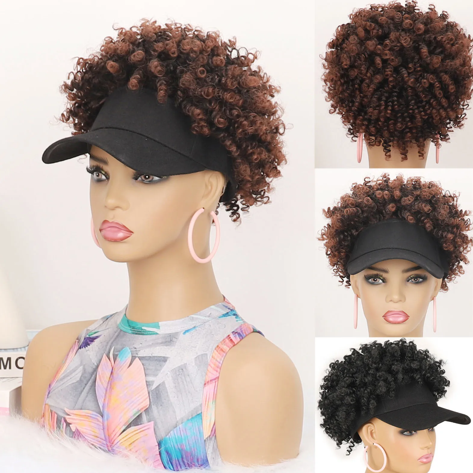 

Парики-шляпы для женщин и девочек, вьющиеся волосы с бейсбольной кепкой, парик с регулируемым ремешком, черный унисекс, синтетический парик K-Pop для женщин